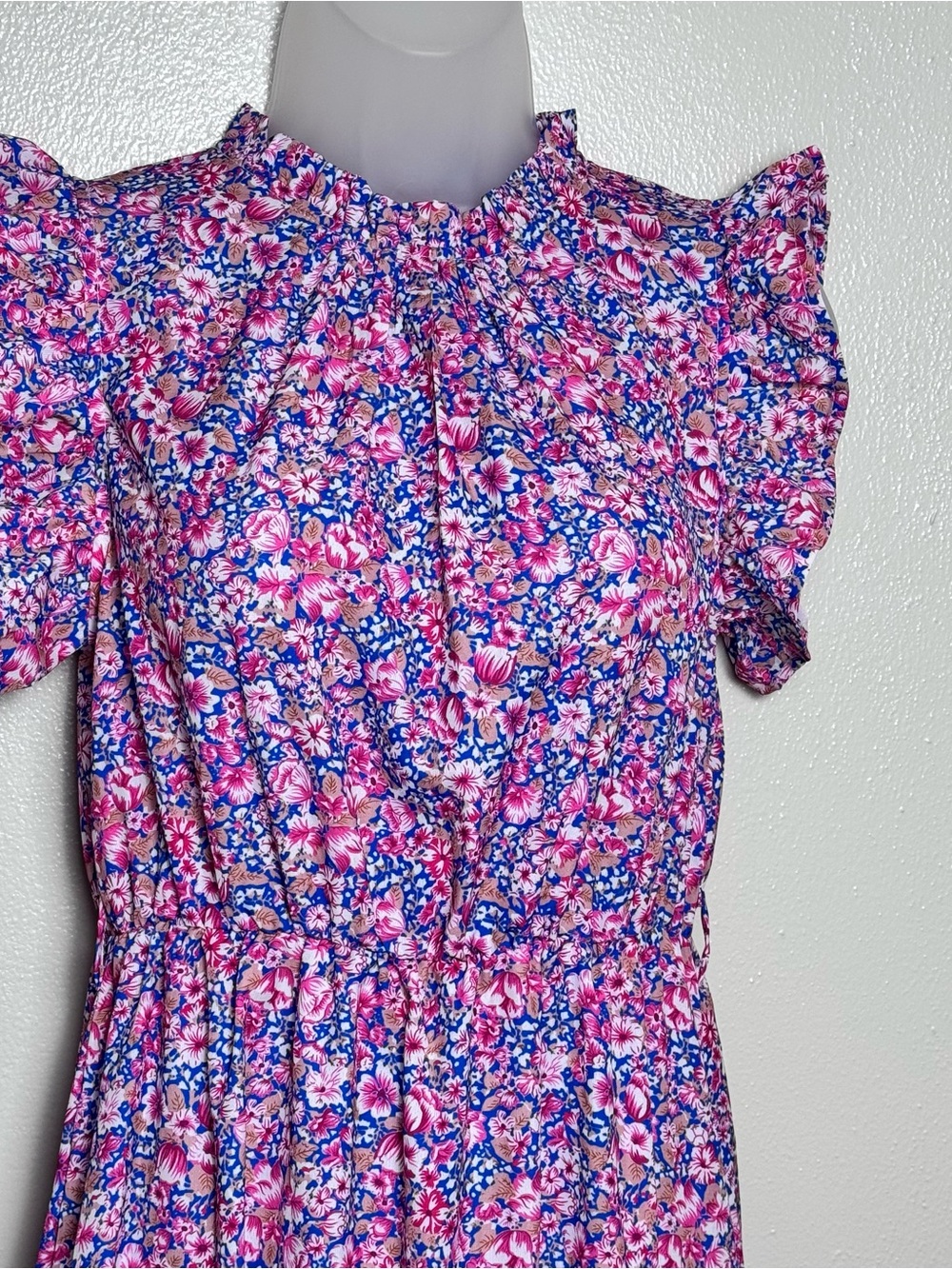 SHEIN Floral Maxi Dress S Pink Blue Flutter Sleeve Cottagecore Boho - Picture 3 of 11
